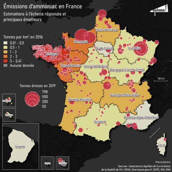 Estimations des émissions d'ammoniac en France et principaux émetteurs - Splann !