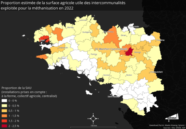 Proportion estimée de la surface agricole utile des intercommunalités exploitée pour la méthanisation en 2022