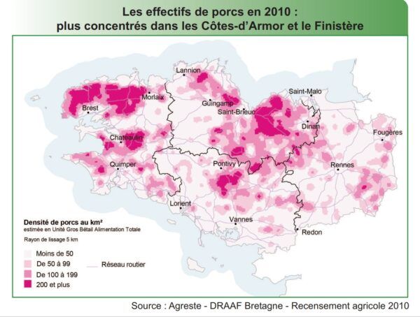 Cartographie: Les effectifs de porcs en 2010: Plus concentrés dans les Côtes-d'Armor et le Finistere