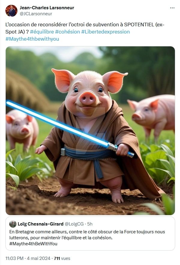 Publication X du député de Brest Jean-Charles Larsonneur au sujet du subventionnement de Spotentiel par le conseil régional de Bretagne (mai 2024).