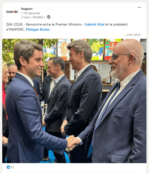 Rencontre entre Gabriel Attal, Premier ministre, et Philippe Bizien, président d'Inaporc, lors du salon de l'agriculture 2024.