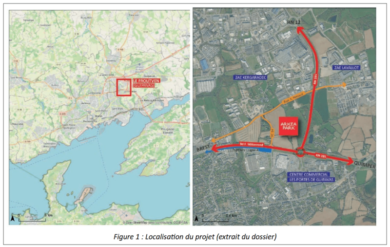 L'emprise du projet d'Arkea Park s'étend sur plus de 20 ha, situés à Guipavas, sur des terres agricoles situées entre deux zones d'activité économique et une zone commerciale. Cartes extraites de l'avis de l'Autorité environnementale