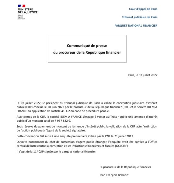 220620 Tribunal De Paris Convention Judiciaire D'intérêt Public Avec Idemia France Communiqué Procureur