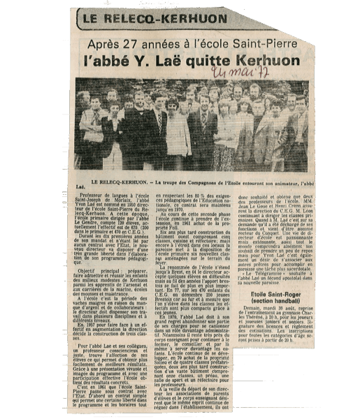 Le 24 mai 1977, Le Télégramme « souhaite à l'abbé Laé un fécond apostolat dans sa nouvelle paroisse ». (Archives numérisées du diocèse de Quimper)