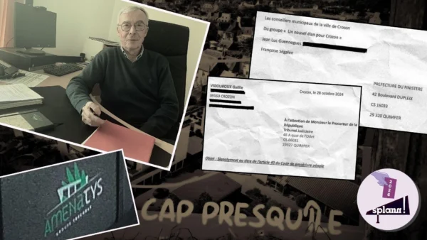 Patrick Berthelot, maire de Crozon, dans son bureau sur lequel trône un agenda siglé aux couleurs... d'Amenatys.