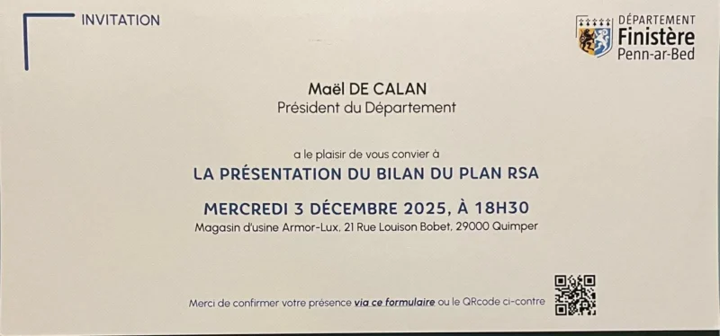 251121 Conseil Départemental Du Finistère Carton D'invitation à La Présentation Du Bilan Du Plan RSA Le 3 Décembre à Quimper