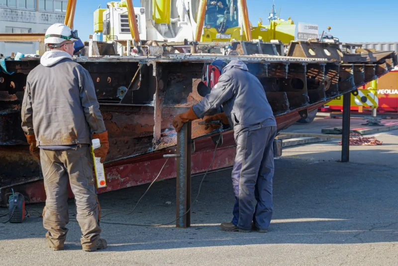 Deux soudeurs sur sur les Chantiers de l'Atlantique à Saint-Nazaire. Crédit Thibault Dumas (Médiacités)