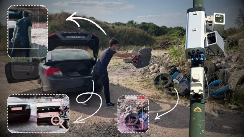 Grâce à « une caméra nouvelle génération » et « un logiciel intelligent », la start-up Vizzia promet aux municipalités d'identifier et de sanctionner des auteurs de dépôts illégaux d'ordures. Montage réalisé par « Splann ! » à partir d'images produites par Vizzia.