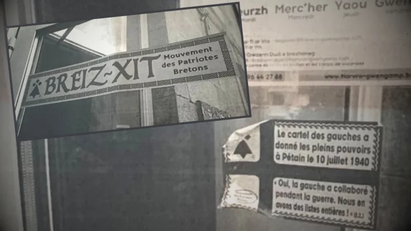 Deux autocollants signés du Mouvement des patriotes bretons ont été découverts sur la porte de Ti ar Vro Gwengamp, lundi 9 mars 2026. Le second, barré d'un Kroaz Du (croix noire) et orné d'une hermine, reprend la rhétorique d'extrême droite concernant la collaboration du « cartel des gauches » avec l'occupant nazi, quand bien même les historiens convergent vers l'inscription du régime de Vichy à l'extrême droite du spectre politique. Montage à partir des pièces originales annexées à la plainte déposée par « Splann ! ».