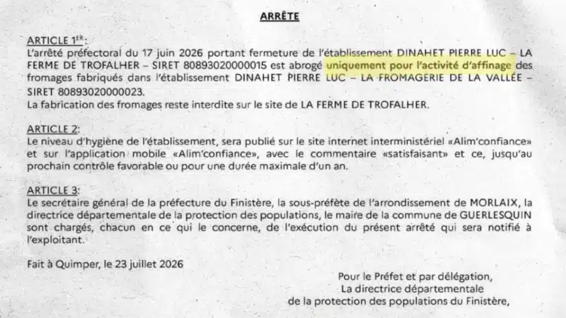 260808 - Actualités Fermeture ferme de Trofalher Arrêté levée fermeture (1920x1080)