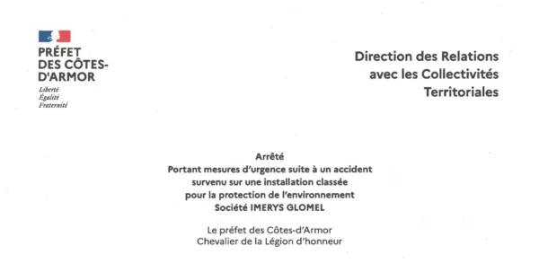 Arrêté portant mesures d'urgence suite à un accident survenu chez Imerys Glomel le 17 septembre 2026